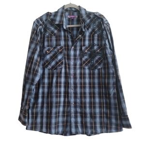 Empra Men Large Western Plaid Pearl Snap Cowboy Shirt Angel Wings Cross